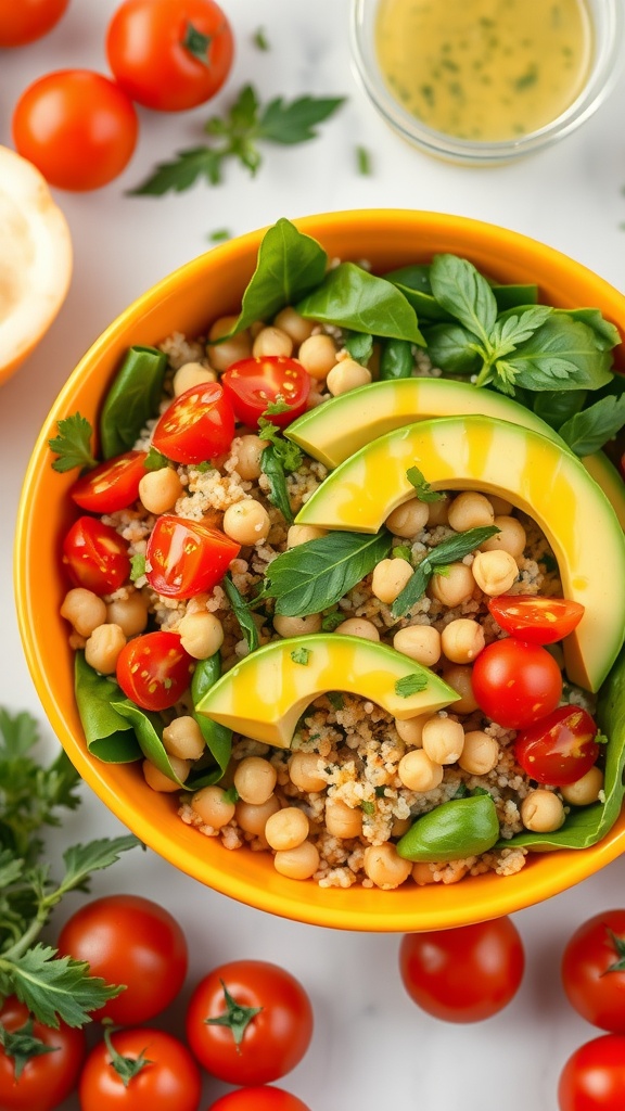 A colorful vegan bowl with quinoa, greens, avocado, and chickpeas.